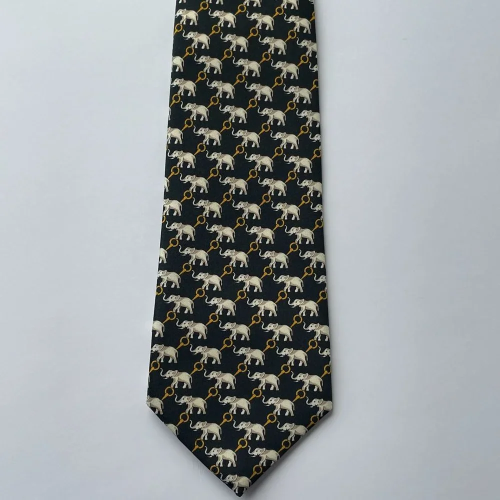 Rene Chagal Black Elephant Print Hand‎ Made 100% Silk Neck Tie Novelty Neckwear
